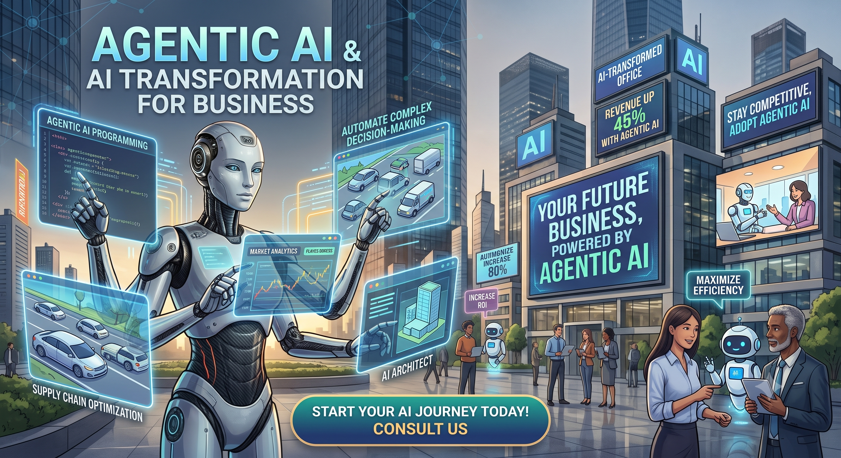 Detailed infographic blueprint demonstrating Agentic AI business transformation workflows, operational data monitoring systems, and unified enterprise cloud hubs.